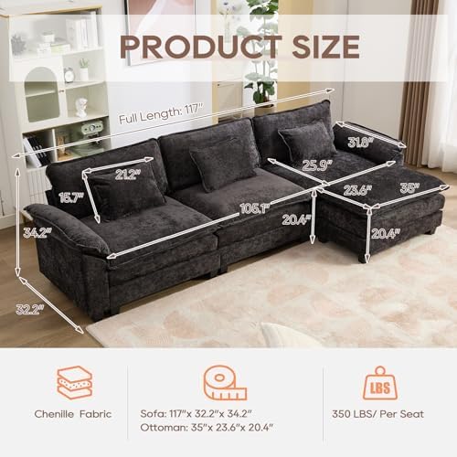 IPKIG 117" Modular Sectional Cloud Couch, Modern L-Shaped Sofa with Ottoman