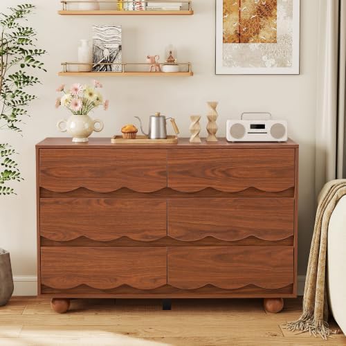 Walnut Scalloped 6 Drawer Dresser, Mid Century Storage Chest of Drawers