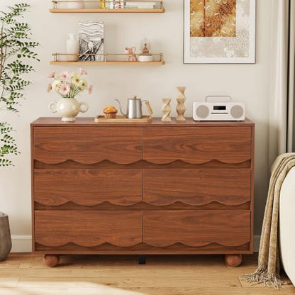 Walnut Scalloped 6 Drawer Dresser, Mid Century Storage Chest of Drawers