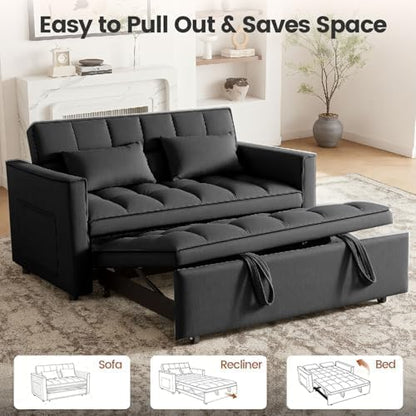 54'' Sleeper Sofa Bed, Convertible Pull Out Couch Futon with Side Pockets, Velvet Loveseat Sofa Bed with Adjustable Backrest, Armrest Pillows for Living Room Dorm Apartment, Black