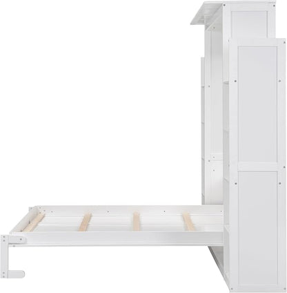 MERITLINE Queen Murphy Bed with Storage Shelves and LED Lights, Wood White Murphy Wall Bed Cabinet with Bookcase Bookshelf for Adults