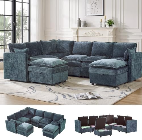 Modular Sectional Storage Sofa, 105" Cloud Deep Seat V-Shaped Couch, Blue