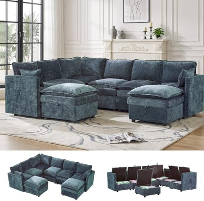 Modular Sectional Storage Sofa, 105" Cloud Deep Seat V-Shaped Couch, Blue