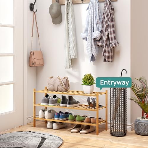 viewcare 3-Tier Long Shoe Rack, Bamboo Wood Shoe Rack for Closet, Entryway & Hallway, Stackable | Beautiful | Functional | Sturdy