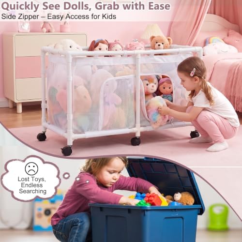 Toy Box for Girls Boys with See-Through Mesh & 360° Rotating Wheels