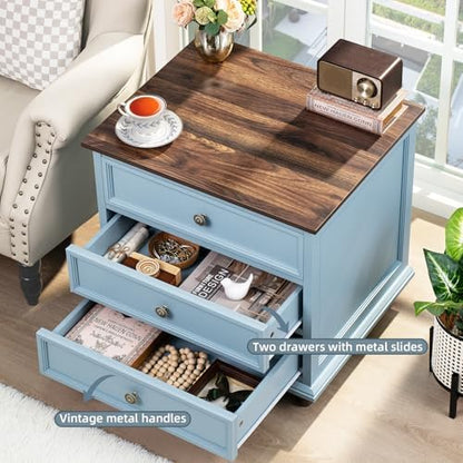 Joaxswe 24" Wide Farmhouse Night Stand Set of 2,Large End Table with 3 Drawers & Metal Handle,Wood Dresser for Bedroom Cabinet,Light Blue Bed Side Table Chest of Drawers,Nightstand for Living Room