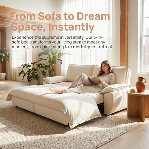 73.2" Sofa Bed Queen, 3-in-1 Pull Out Sofa Bed with Pillow Armrest, Modern Velvet Convertible Sleeper Futon Sofa for Living Room Small Space, Apartment, Bedroom, White