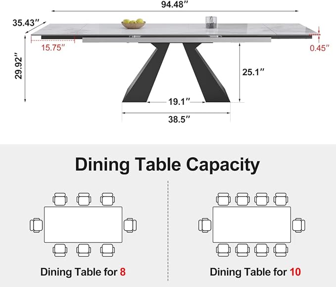 Marble Expandable Table 63 to 94.5 Inch Expansion Sintered Stone Table for 6-10 People, Scratch Resistant Heat Resistant Easy Clean, Kitchen Living Room Folding Dining Table