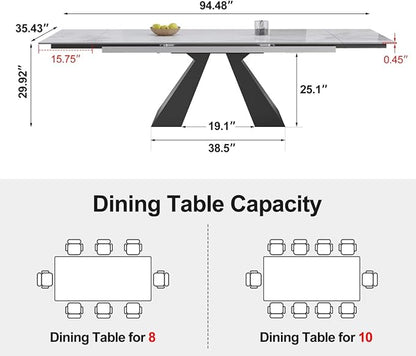 Marble Expandable Table 63 to 94.5 Inch Expansion Sintered Stone Table for 6-10 People, Scratch Resistant Heat Resistant Easy Clean, Kitchen Living Room Folding Dining Table