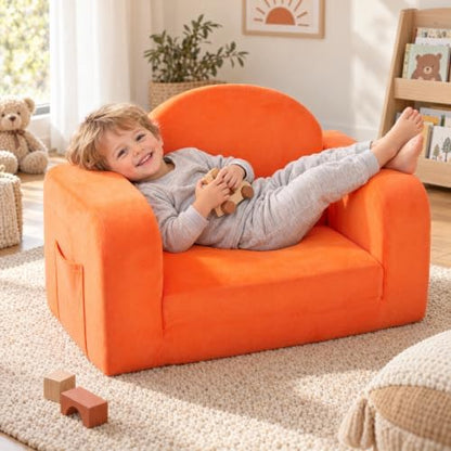 Kids Couch 2-in-1 Foldable kids sofa, Thick Foam & Extra Large, Orange