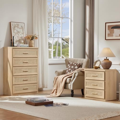 RWYHG Rattan Dresser for Bedroom 5 Drawer Wood 45" Tall with Gold Handle