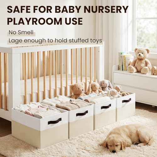 4 Pack Baby Clothes Organizer Bins, Fabric Collapsible Storage Baskets with Handles, Odorless Storage Bins for Toy Clothes Nursery Kids Room Playroom Classroom (14L*10W*9.5H)
