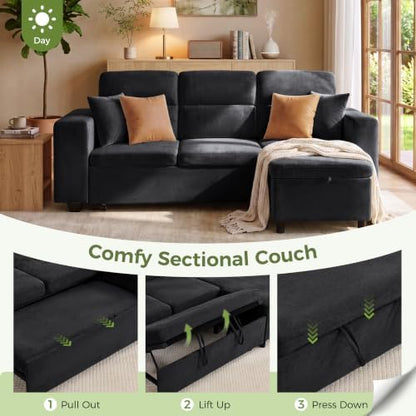 87" Modular Sectional Sofa with Pull Out Bed, Sectional Sleeper Sofa with Adjustable Headrest, Hidden Cup Holder, Storage Arm & Chaise, 4-Seater L Shaped Convertible Couch Bed for Living Room, Black