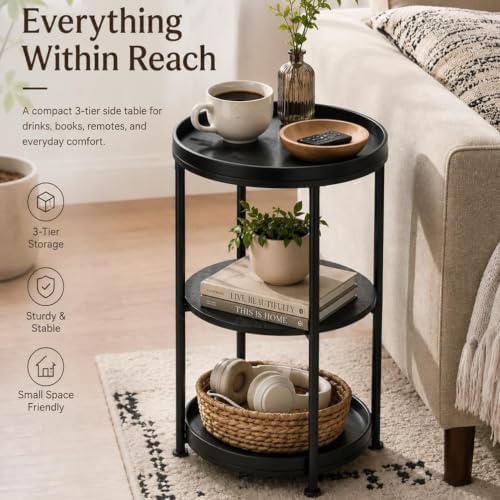 Dulcii Side Table, Round End Table with 3 Shelves for Living Room, Bedroom, Nightstand with Steel Frame for Small Spaces, Industrial Round Sofa Table, Outdoor Accent Coffee Table, Black