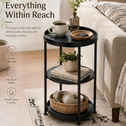 Dulcii Side Table, Round End Table with 3 Shelves for Living Room, Bedroom, Nightstand with Steel Frame for Small Spaces, Industrial Round Sofa Table, Outdoor Accent Coffee Table, Black
