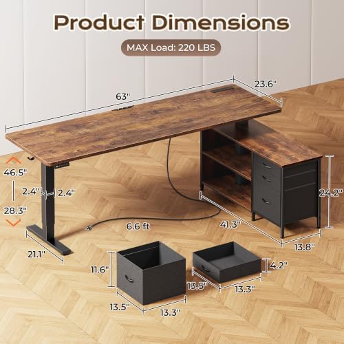 PRAISUN 63'' L Standing Desk with Outlets, Cabinet with Shelves, Drawers