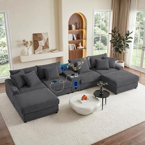 144" Corduroy Sectional Modular Couch with Speakers