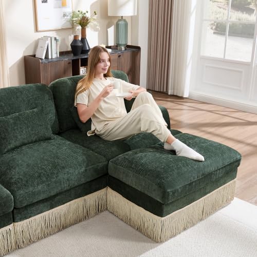 69.2" L Shaped Modular Loveseat Sofa with Ottoman, Forest Green Chenille Couch with Tassel Trim, Deep Seat Upholstered Sectional for Living Room, Apartment and Cozy Lounge Seating