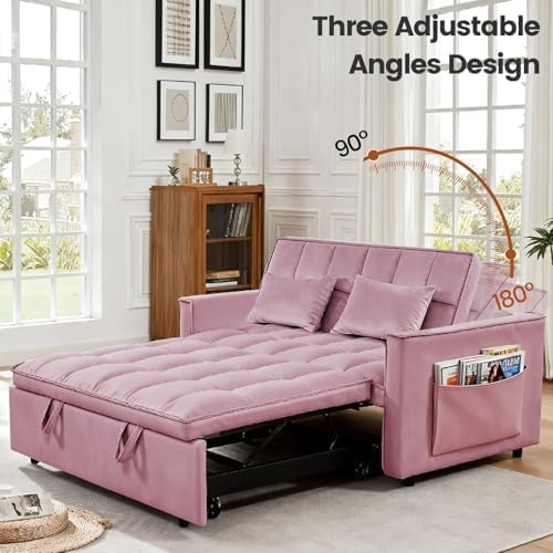 Sleeper Sofa Bed with Adjustable Backrest & Side Pockets, Pink