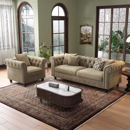 ONBRILL 82 Inch Chesterfield Sofa, 23 Inch Deep Seat Velvet Couch for Living Room, Button Tufted Couch with Rolled Arms, 2 Throw Pillows, Comfy Vintage Loveseat Sofa for Apartment, Taupe