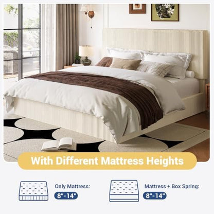 Allewie King Bed Frame, Adjustable Corduroy Headboard, Platform, Cream