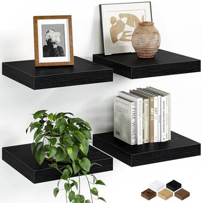 Small Floating Shelves for Wall Decor (Black, Set of 4, 9.3"x9.3")
