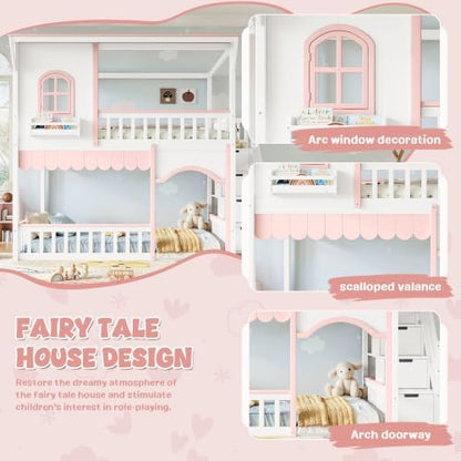 Full Over Full Size House-Shaped Wooden Bunk Bed with Window, White