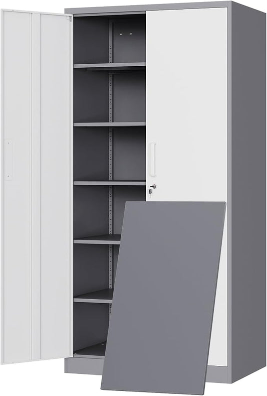 Yizosh Metal Storage Cabinet with 2 Locking Doors and 5 Adjustable Shelves, 72" Garage Storage Cabinet Steel Lockable for Office,Home,Garage
