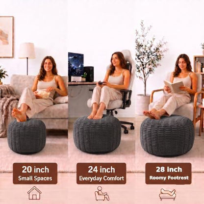 Round Pouf Ottoman, Charcoal Gray, 20"x13", Corduroy Foot Rest