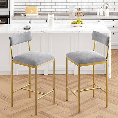 Elegant Bar Stools Set of 2 – Gold & Velvet Gray Upholstered Chairs with Backrest and Footrest – 25.5" Counter Height – Metal Frame – Ideal for Kitchen Island, Dining Room – Two-Pack Bar Chairs