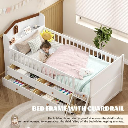 Bellemave Kids Twin Platform Bed with 4 Drawers & Storage Headboard, Wooden Twin Bed Frame with Safety Guardrails & Ladder for Kids Girls Boys, White