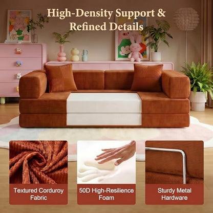 Convertible Futon Sofa Bed | 78.8” Corduroy Boneless Couch with Pull Out Sofa Bed, Comfy Futon Floor Couch with Side Pocket, Versatile Sleeper Sofa for Home & Apartment |Orange