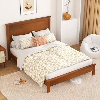 KOMFOTT Full Size Wood Platform Bed Frame with Headboard, Wooden Mid Century Platform Bed with Slat Support & Under Bed Storage, Mattress Foundation Bed Base, No Box Spring Needed, Walnut