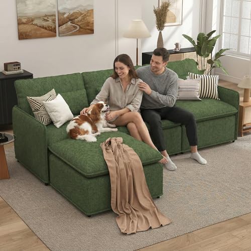 L Shaped Sectional Couch, 94.5" Sectional Cloud Couch for Living Room,Fluffy Modular Sofa with Textured Corduroy,3 Seaters with Ottoman,Pet-Friendly Comfy Modern Deep Seat Sofa Set,Green