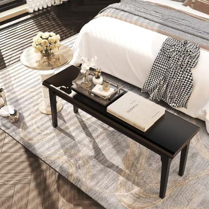 Wilk Wooden Entryway Bench, 47’’ Indoor End of Bed Bench, 100% Solid Oak Wood (Black)