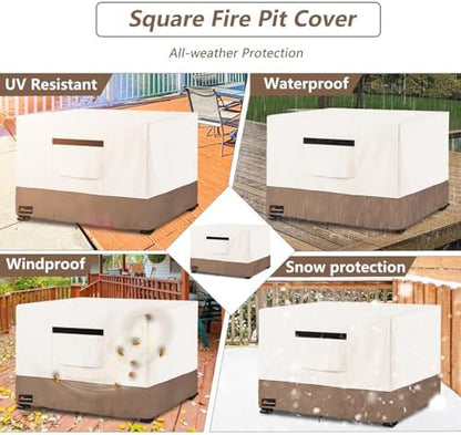 Fire Pit Cover Square, Outdoor Heavy Duty Durable 600D 100% Waterproof Tear-Resistant 28-30 Inch Fire Pit Cover, Patio Fire Pit Table Covers, Beige 30" L x 30" W x 25" H