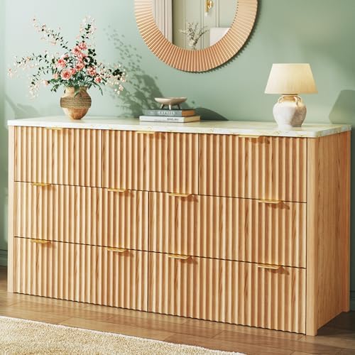 Fluted Dresser for Bedroom with 7 Drawers, 53" Wide Mid Century Modern Dressers with Faux Marble Top & Metal Handle, Wooden Chest of Drawers TV Stand, Natural Oak