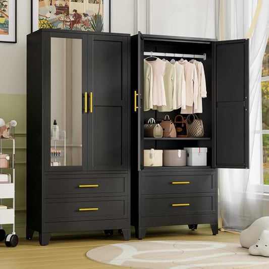 Metal Armoire Wardrobe Closet Storage Cabinet with 2 Doors Black, 71'' Wardrobe with Hanging Rod Metal Closet with Adjustable Shelf and 2 Drawers, Freestanding Storage Cabinet for Bedroom