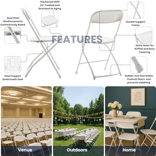 Set of 5 Pack, White Plastic Folding Chair Steel Frame Commercial High Capacity Event Chair Lightweight Set for Office Wedding Party Picnic Kitchen Dining Church School