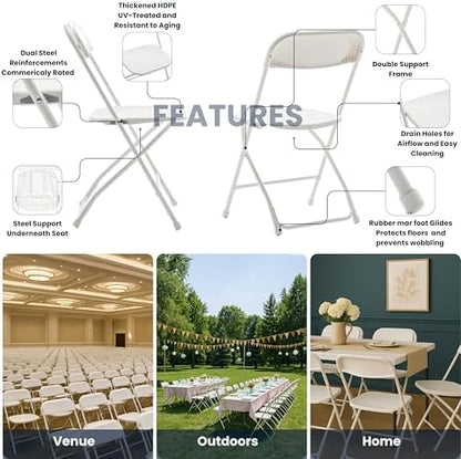 Set of 5 Pack, White Plastic Folding Chair Steel Frame Commercial High Capacity Event Chair Lightweight Set for Office Wedding Party Picnic Kitchen Dining Church School