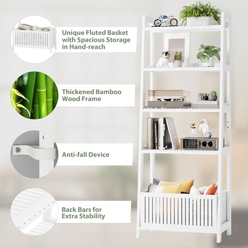 Bamboo White Bookshelf with Slatted Basket, Ladder Bookcase with 4 Display Shelves and 1 Open Storage Basket, Multifunctional Storage Rack Organizer for Home Office, Bedroom, Living Room, 66” H