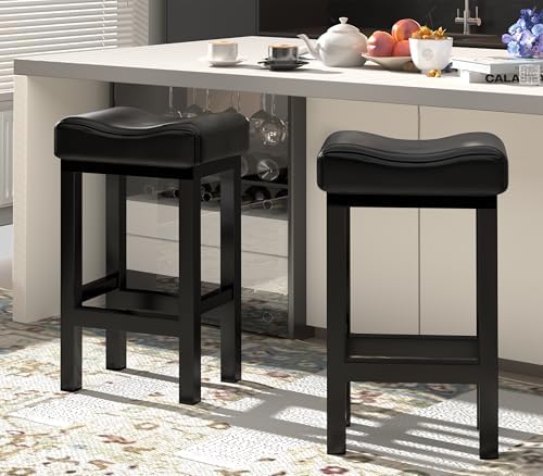 Bar Stools Set of 2, 30 Inch Counter Height BarStools for Kitchen Island, Faux Leather Thick Saddle Seats & Heavy Duty Metal Base, Easy Assembly (Black,30 inch)