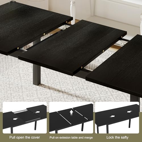 Feonase 63 Inch Extendable Kitchen Table, Modern Farmhouse Dining Table for 4-8, Wooden Dining Room Table for Small Space, Dining Room, Home Office, Living Room Furniture,Black