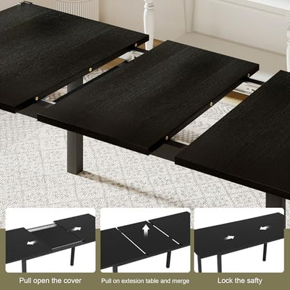 Feonase 63 Inch Extendable Kitchen Table, Modern Farmhouse Dining Table for 4-8, Wooden Dining Room Table for Small Space, Dining Room, Home Office, Living Room Furniture,Black