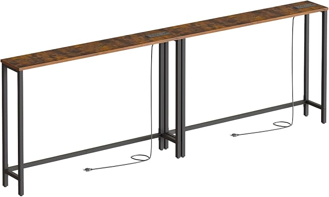 HOOBRO 2 Pack 5.9" Narrow Console Table with Power Outlets, 47.2" Behind Couch Table with Charging Station, Long Sofa Side Table, Skinny Entryway Table for Living Room, Rustic Brown BF15XGP201G1