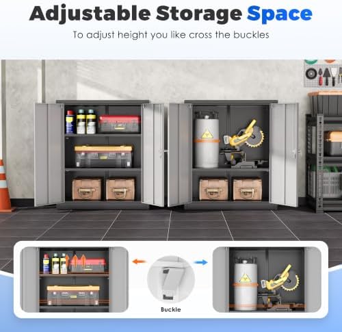 Metal Garage Storage Cabinet, 36" Lockable Storage Cabinet with 2 Doors and 2 Adjustable Shelves, Steel Grey White File Cabinet Great for Home Office, Garage, Warehouse, Study Room