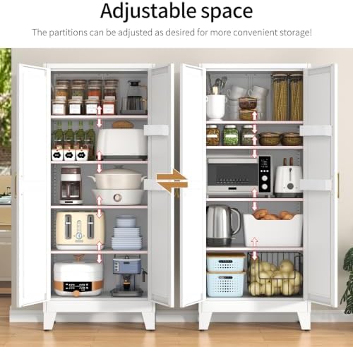 Kitchen Pantry Cabinet, 65.5" Tall Large Metal Storage Cabinets Organizer with 2 Doors & 4 Adjustable Shelves, Wide Cupboard for Dining Living Room Bathroom