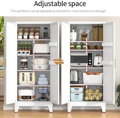 Kitchen Pantry Cabinet, 65.5" Tall Large Metal Storage Cabinets Organizer with 2 Doors & 4 Adjustable Shelves, Wide Cupboard for Dining Living Room Bathroom