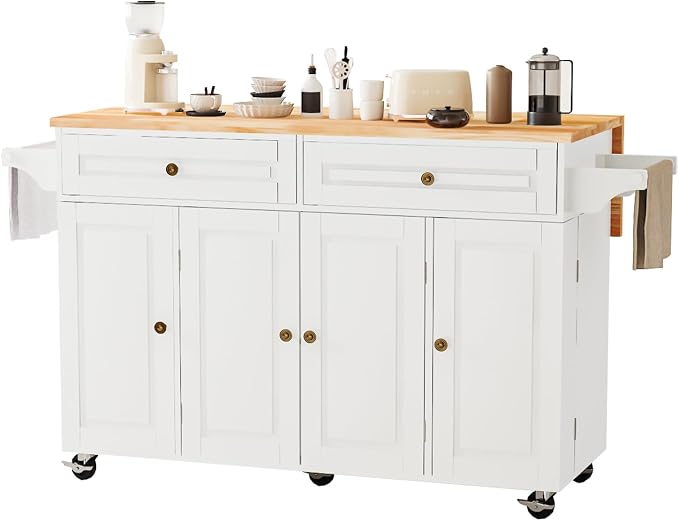 59 Kitchen Island Cart with Drop Leaf Breakfast Bar, Rolling Mobile Kitchen Island Table on Wheels with Storage Cabinet, Drawer, Spice/Towel Rack, White