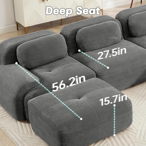 117" Corduroy Modern Sectional Couch, Boneless Couch, Compact sofa, Grey